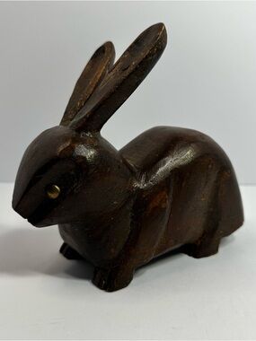Hand Carved Wooden Rabbit Bunny Folk Art Brass Eyes 7.5" Rustic Primitive Decor